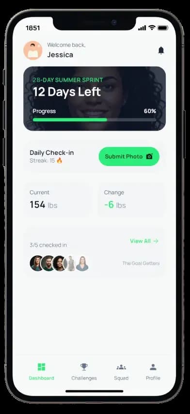 Slim to Win mobile app preview on a phone showing the daily workout dashboard